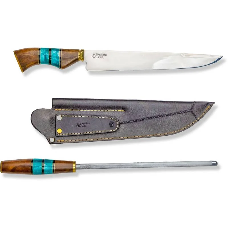 Brazilian-Flame-10_-Green-Traditional-Line-Stainless-Steel-Knife-3mm-with-Sharpener-and-w_Case-Rib-Set-1