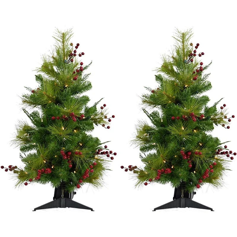 Christmas-Time-2ft-Red-Berry-Mixed-Pine-Porch-Tree-with-2-Trees-LED