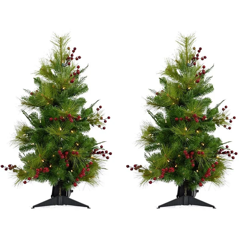 Christmas-Time-Green-3ft-Red-Berry-Mixed-Pine-Porch-Tree-with-2-Trees-LED
