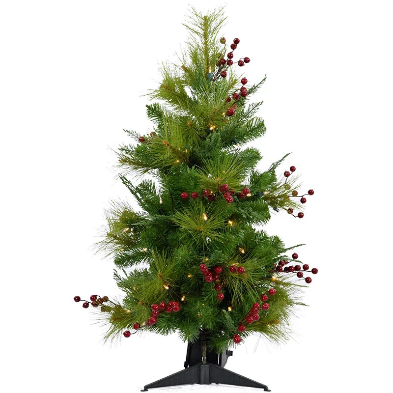Christmas-Time-Green-3ft-Red-Berry-Mixed-Pine-Porch-Tree-with-LED